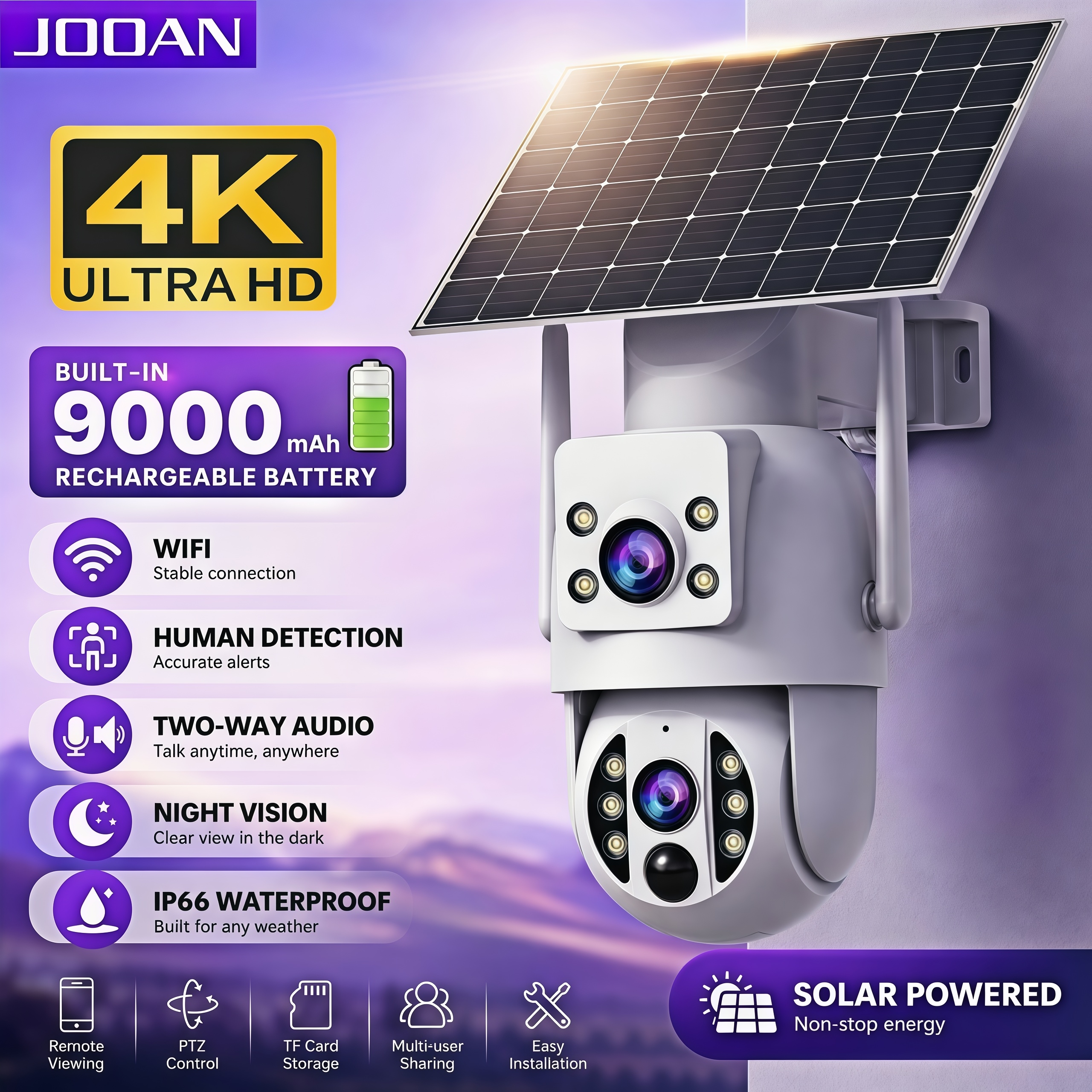 Smart Home Outdoor Camera - JOOAN 4K WiFi Solar Camera Dual